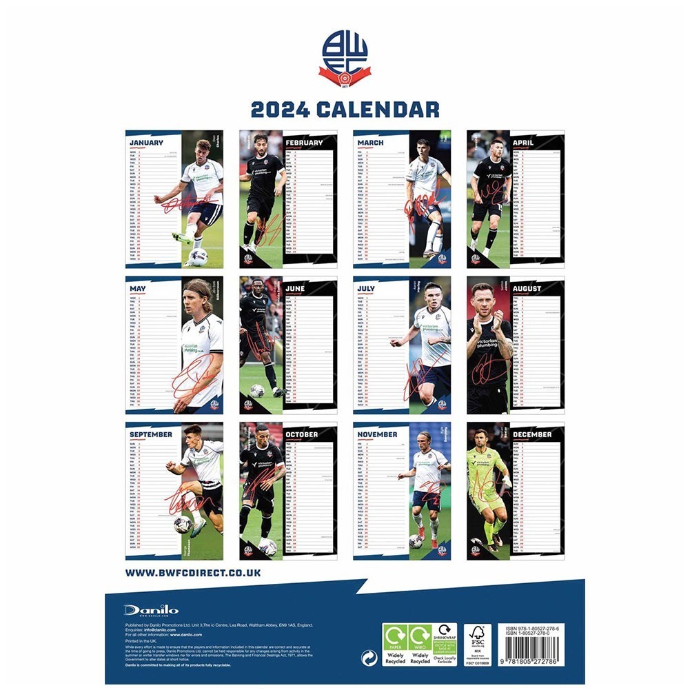 Bolton Wanderers FC A3 Calendar 2024 Select Sports Souvenirs