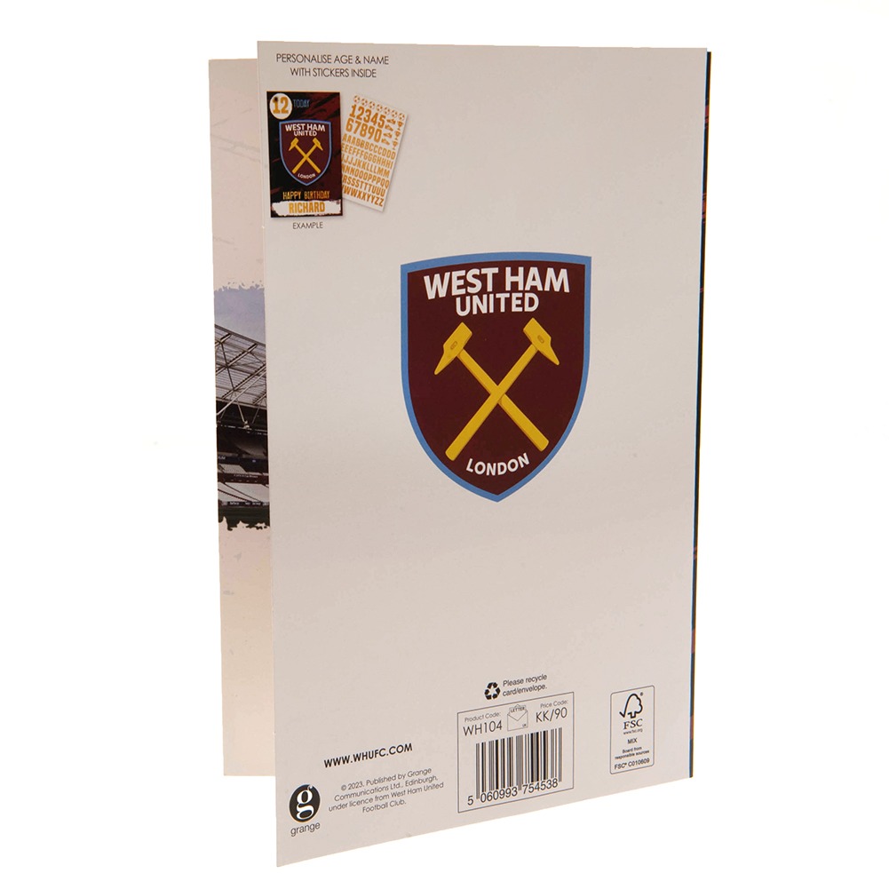 west ham united fc birthday card with stickers