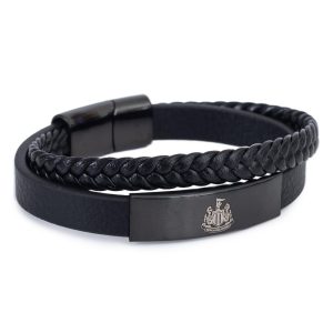 newcastle united fc black ip leather bracelet