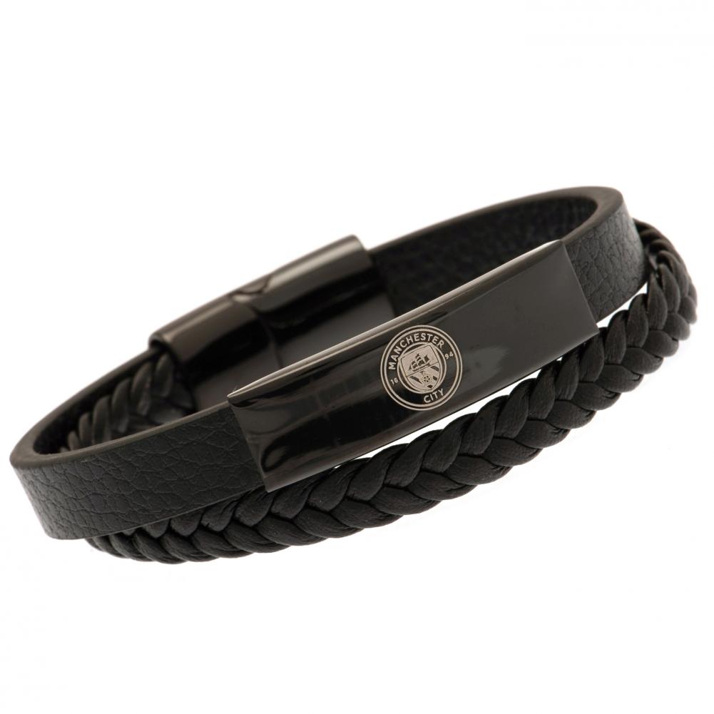manchester city fc black ip leather bracelet