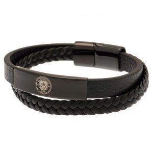 manchester city fc black ip leather bracelet